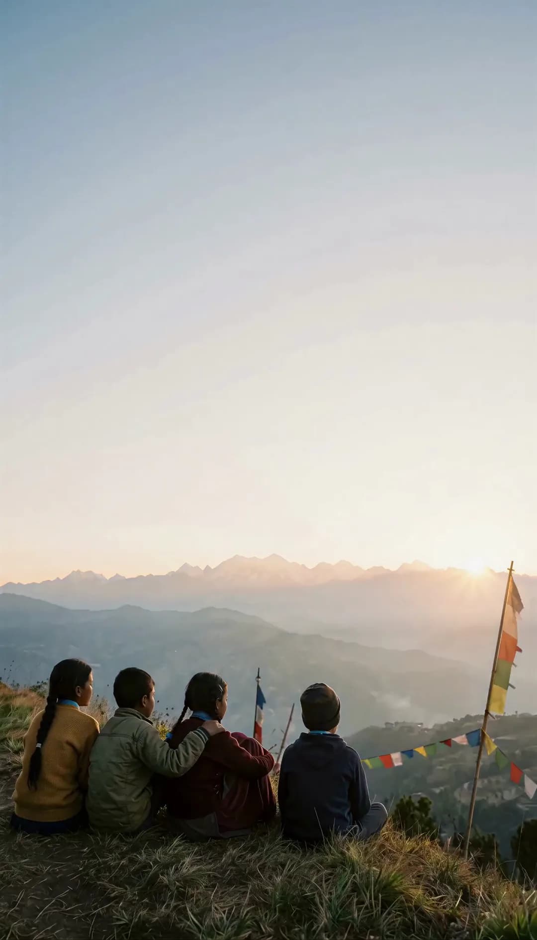 The four children on the ridge as the sun rises over the Himalaya in front of them