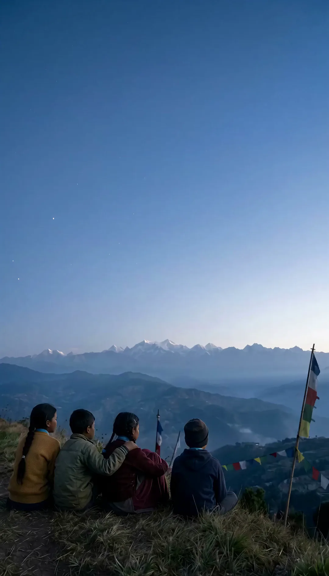 Before sunrise on a ridge in the hills of Nepal, four village children, two girls and two boys, sit together looking out at the Himalaya