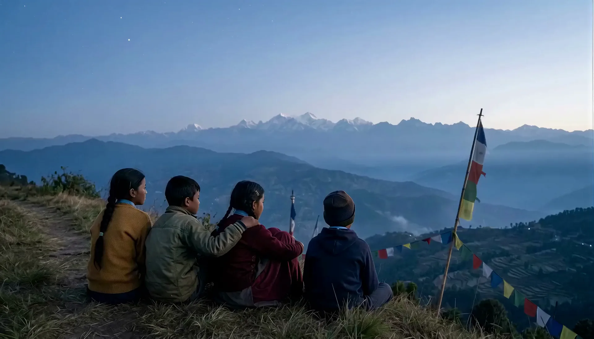 Before sunrise on a ridge in the hills of Nepal, four village children, two girls and two boys, sit together looking out at the Himalaya