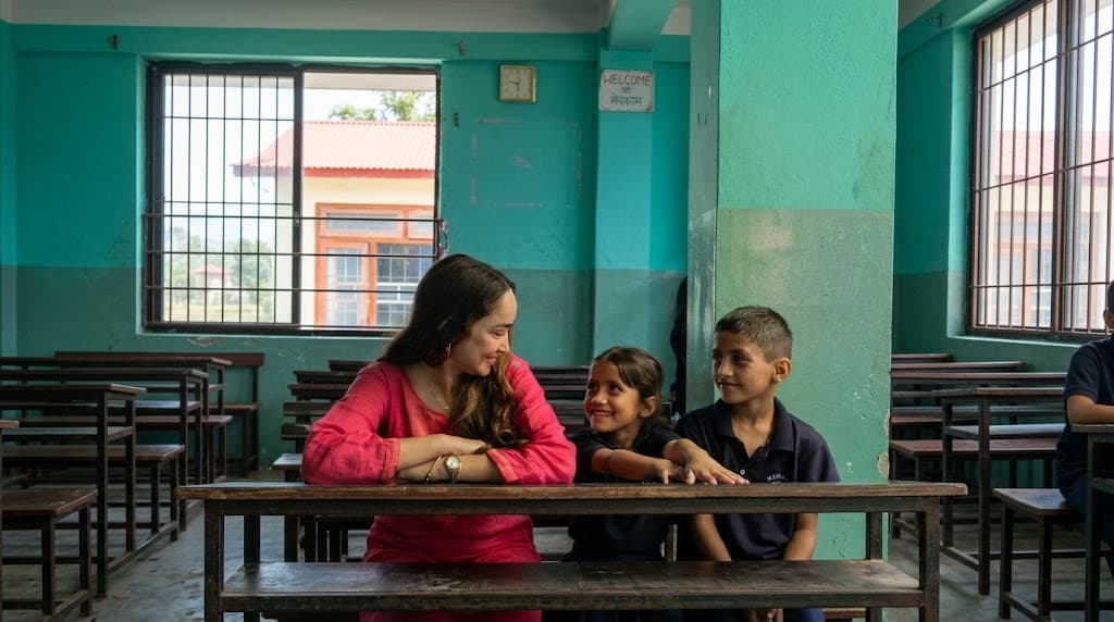Pooja with a student in a classroom