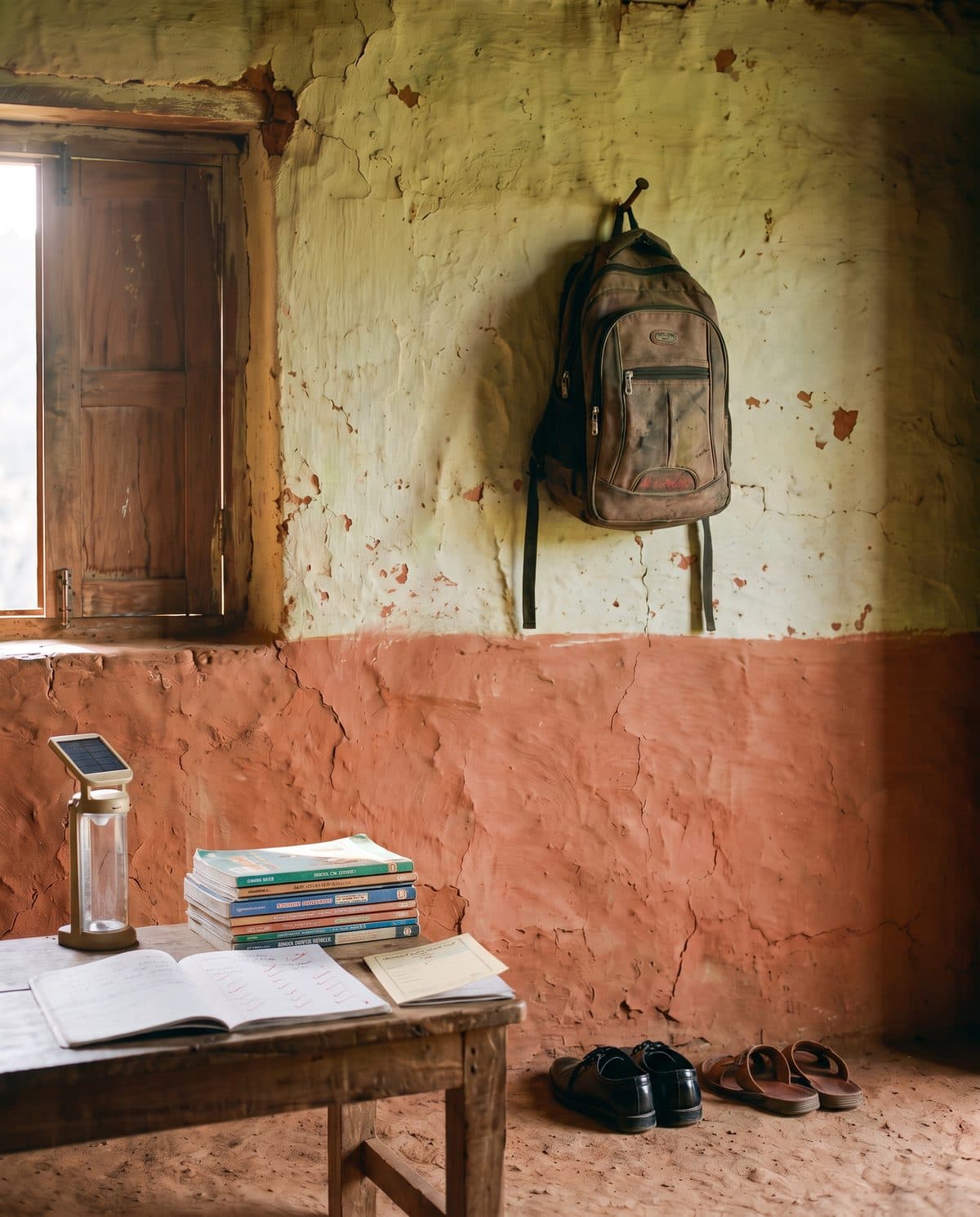 Her school bag on the nail, textbooks and a study lamp on the table, school shoes beside the woman’s sandals