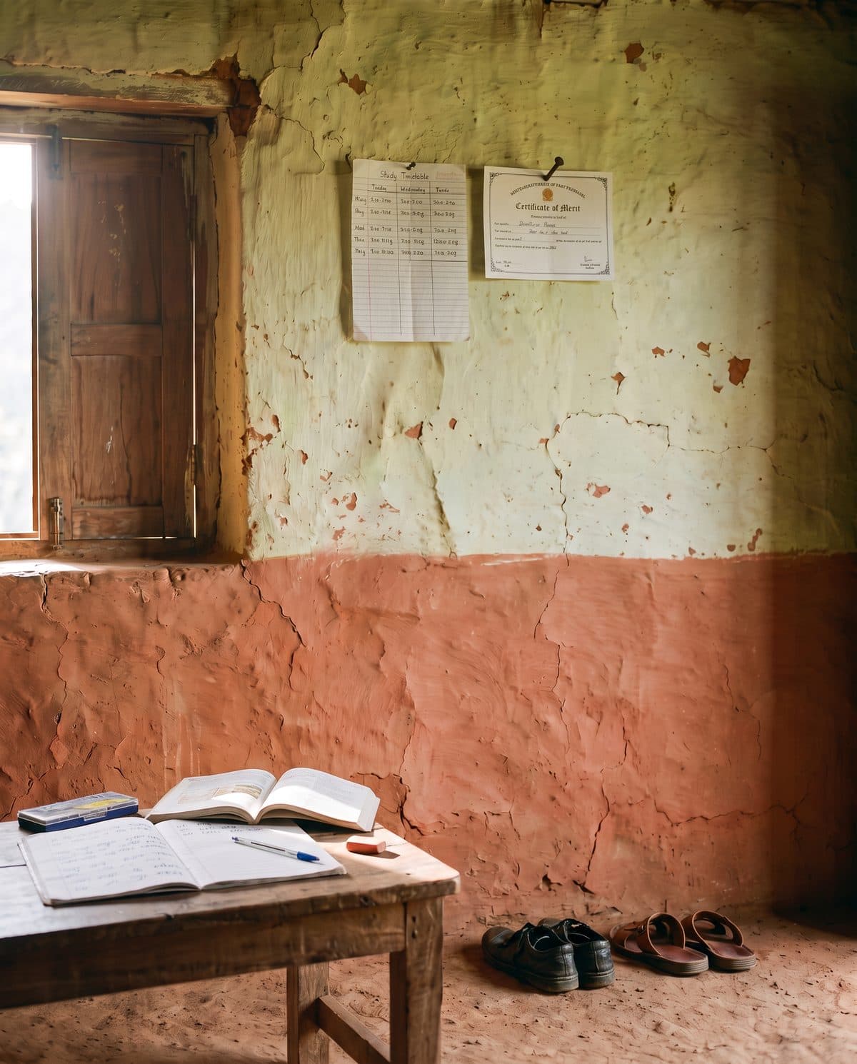 Her study timetable and a certificate pinned to the wall, her notebook open on the table