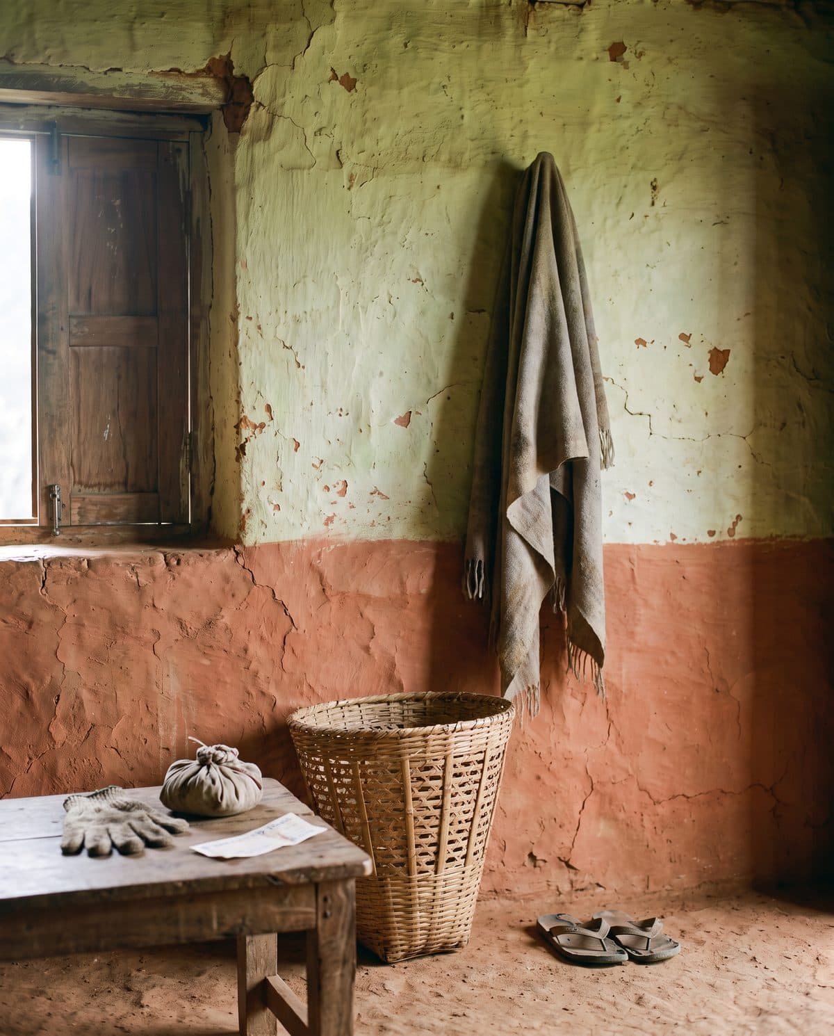 Worn work gloves, a travel bundle and a bus ticket on the table, an old shawl on the nail